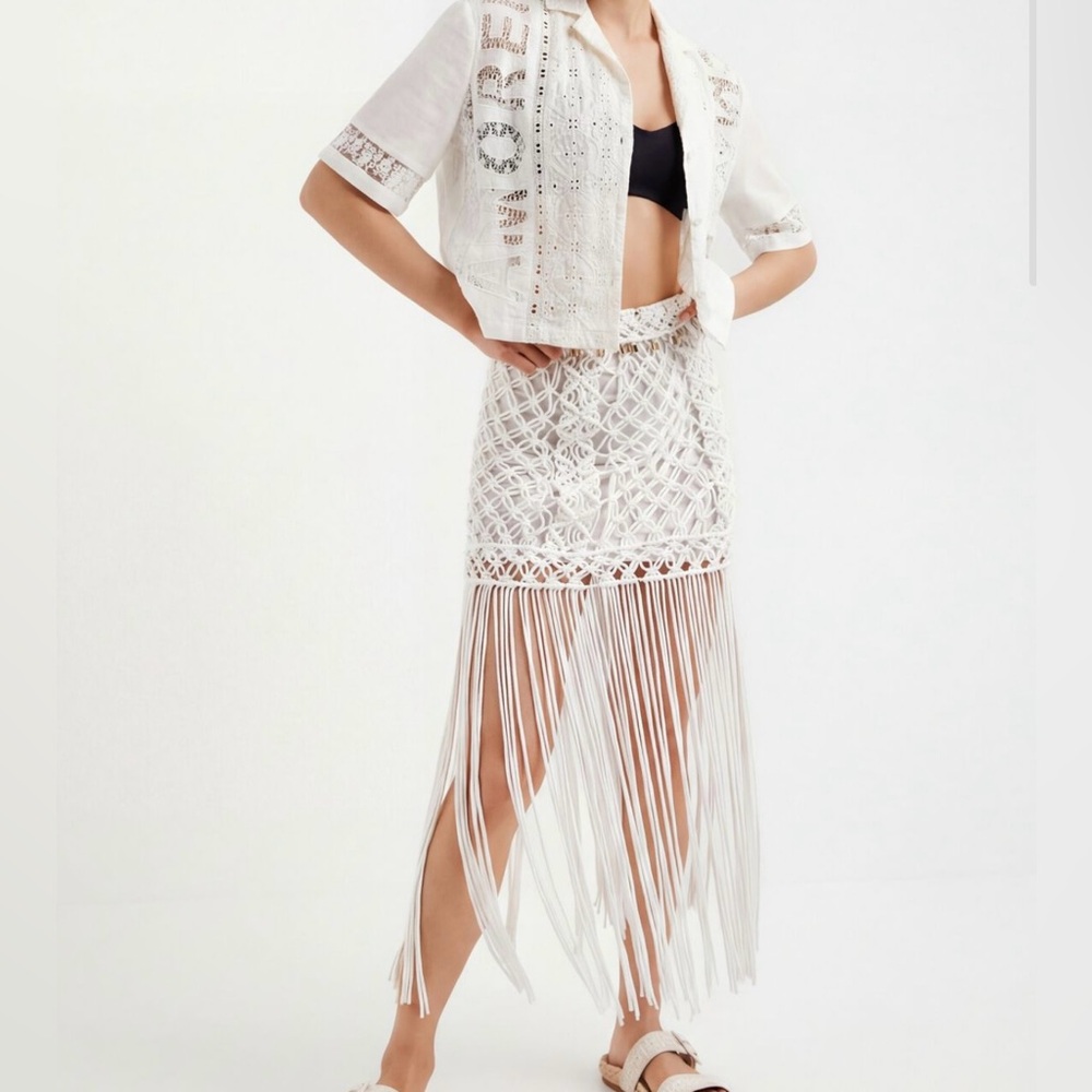 Desigual White Macrame Fringe midi  Skirt
